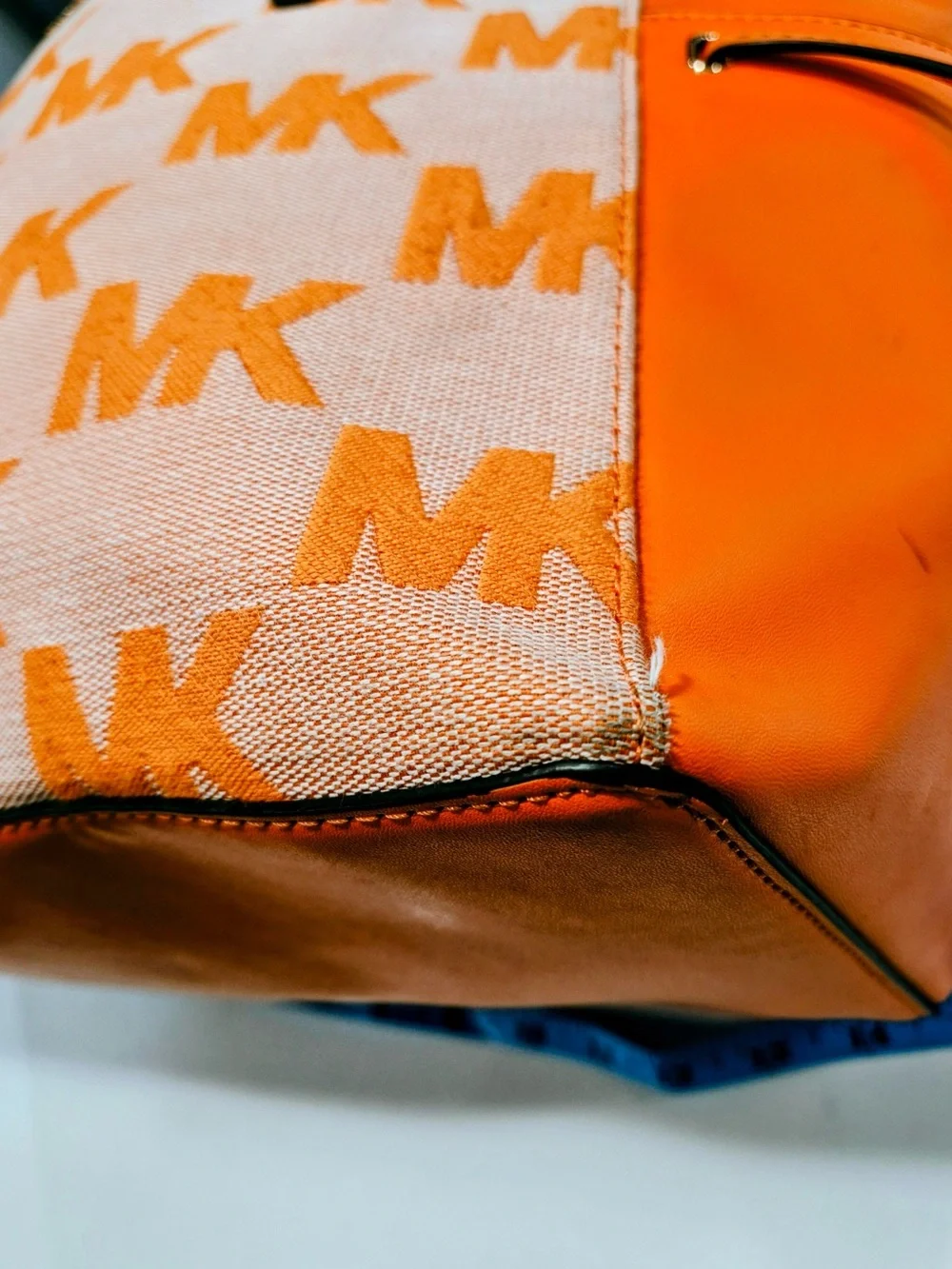 MICHAEL KORS Orange MK Logo Canvas Tote with Leather Trim